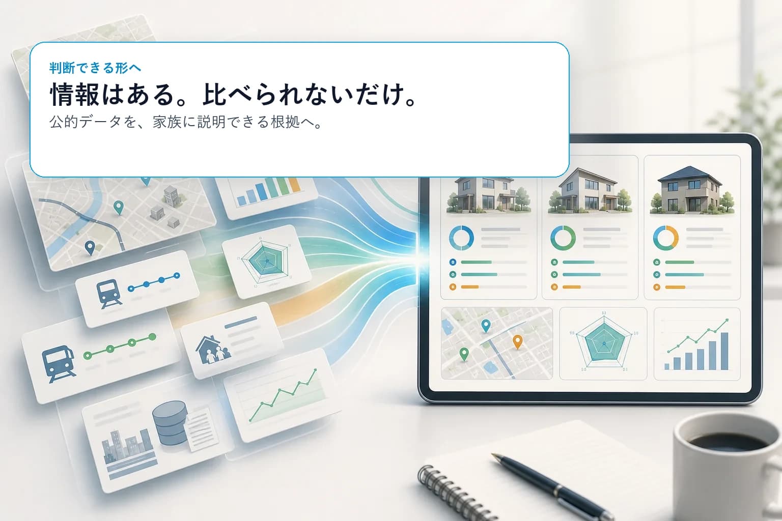 公的データや通勤条件を比較画面へ整理するイメージ